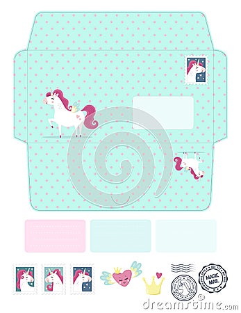 Magic vector die laser cut envelope template with unicorns. Fantasy and lovely set. Vector Illustration